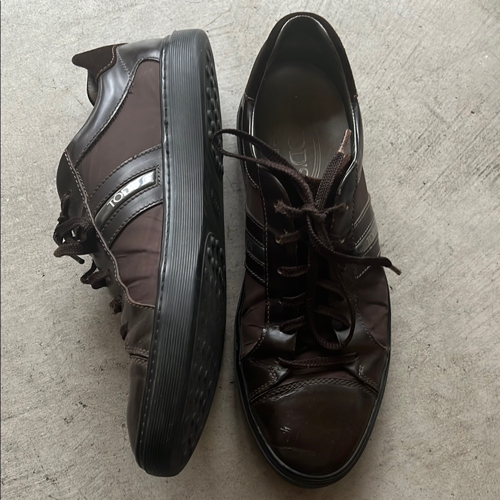 TOD's brown leather and nylon logo sneakers, size 7.5 *as is